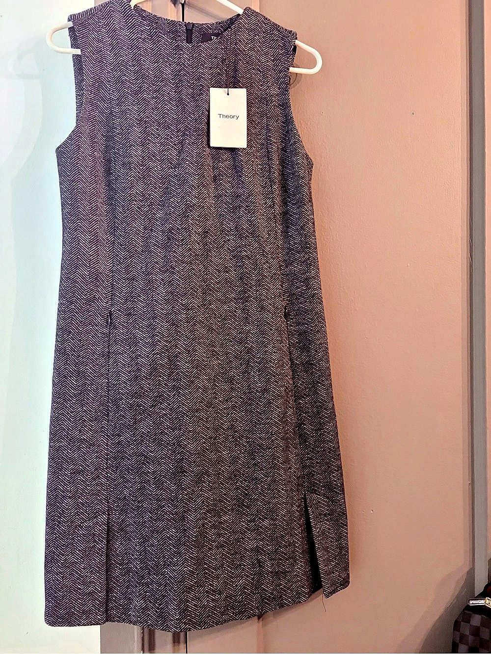 Theory Vent Front Shift B Chevron Knit Midi Dress Blue Size 6 NWT